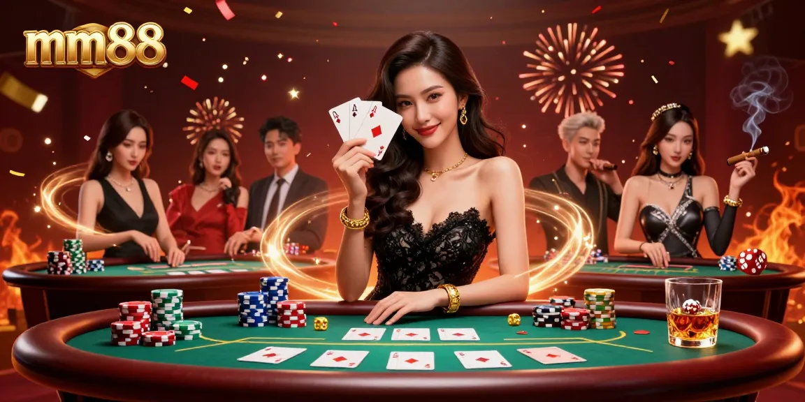 Experience high stakes at mm88 with this elegant Asian woman holding poker cards amidst a vibrant casino setting.