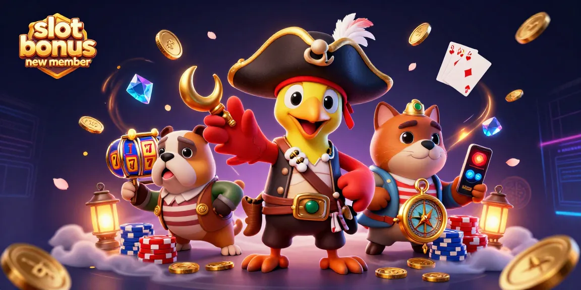 Win with the slot bonus new member as a cartoon pirate captain and friends celebrate casino winnings.