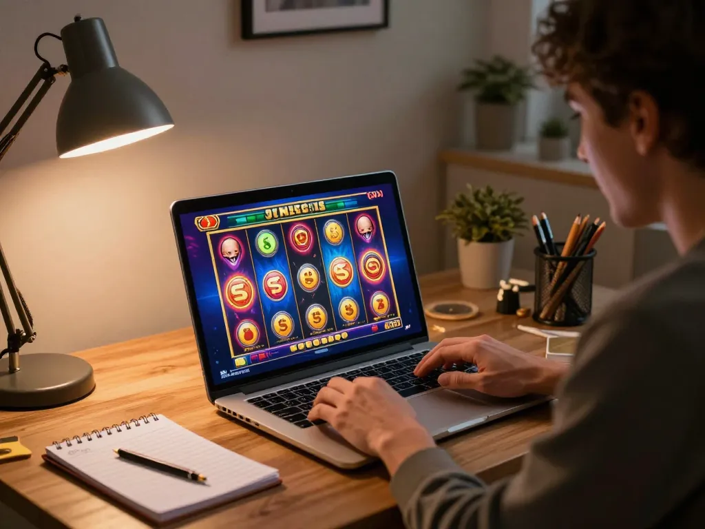 Player enjoying Slot Online experience in a cozy home office setting
