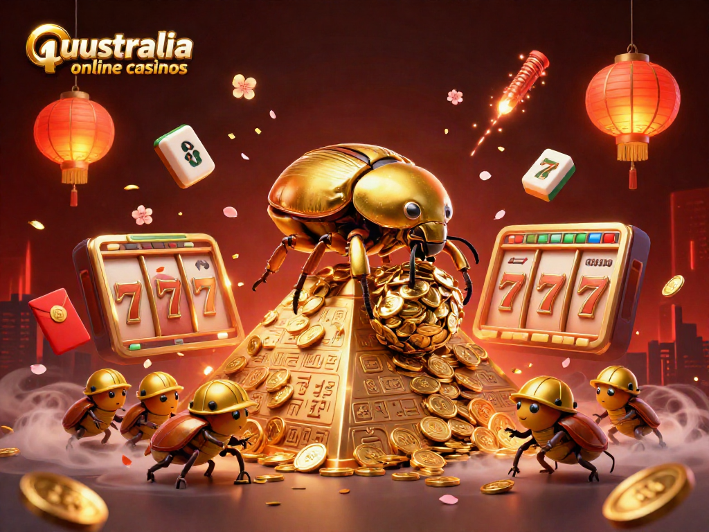 Engage with australia online casinos through a vibrant 3D illustration showcasing golden beetles and dynamic casino elements.