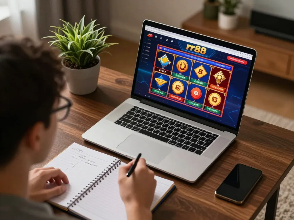 Player strategizing with rr88 online casino games on laptop while taking notes in cozy home setting.