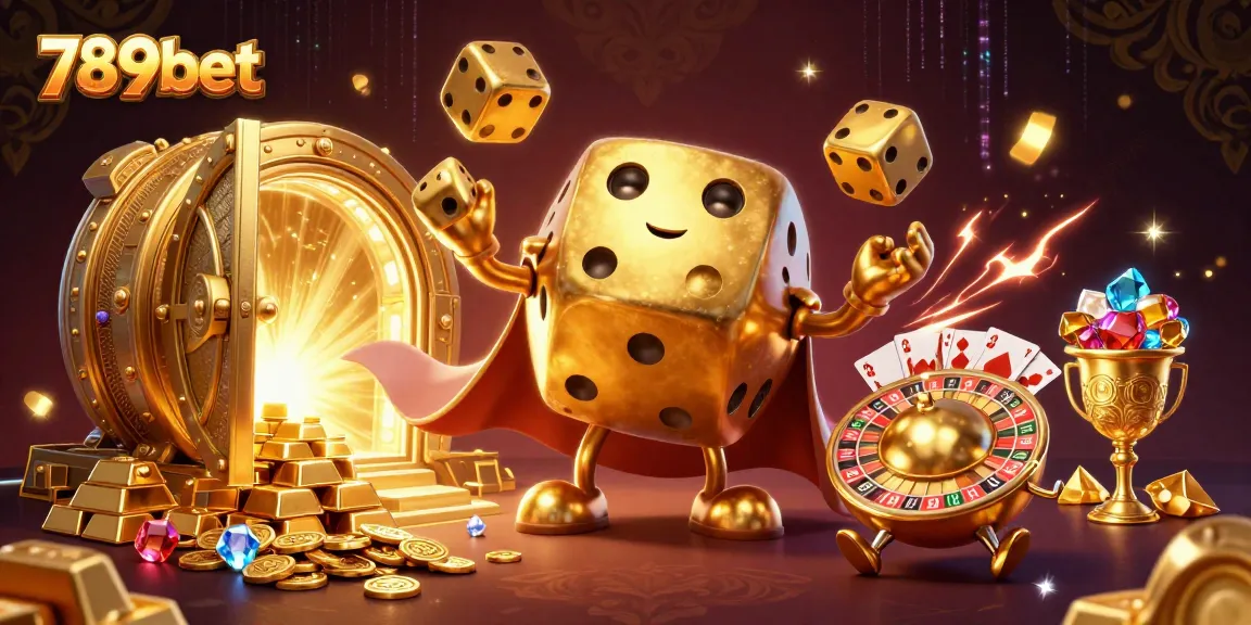 Win big at 789bet with a dynamic scene of a golden dice golem and treasure vault!