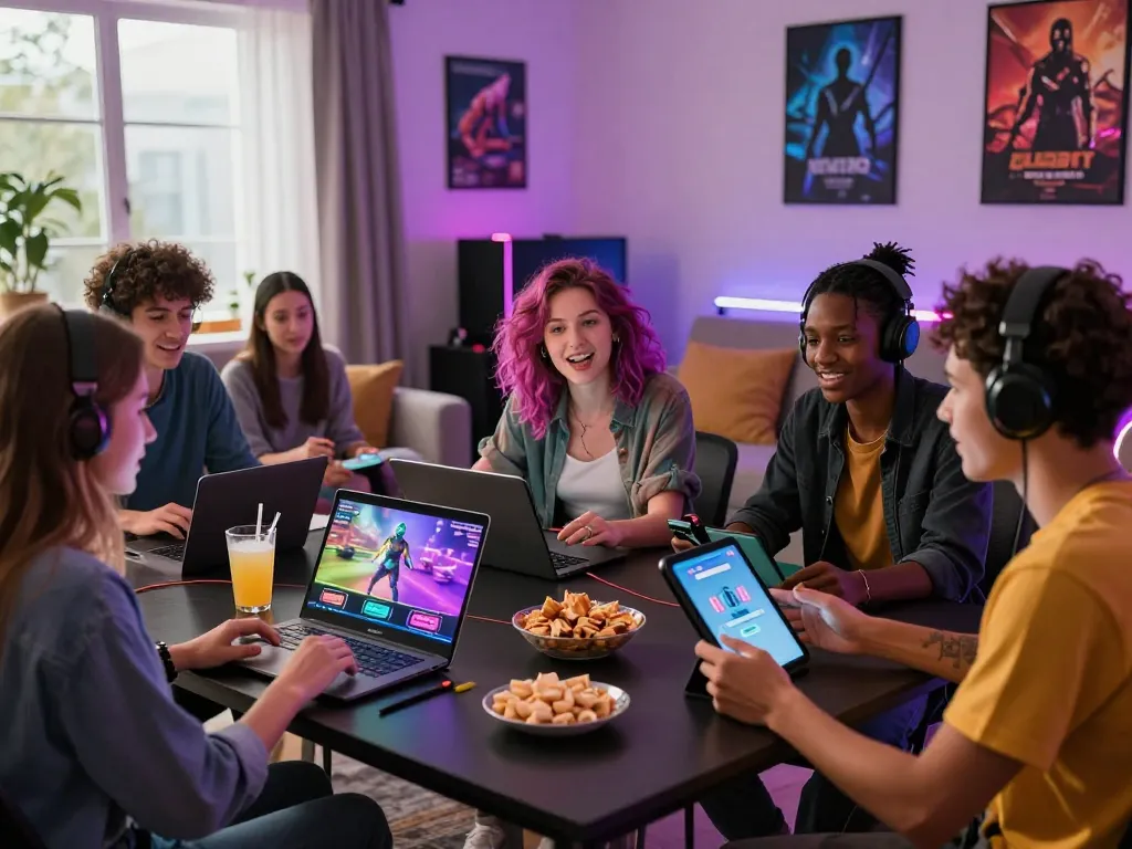 Group of friends enjoying sex games online in a vibrant gaming room