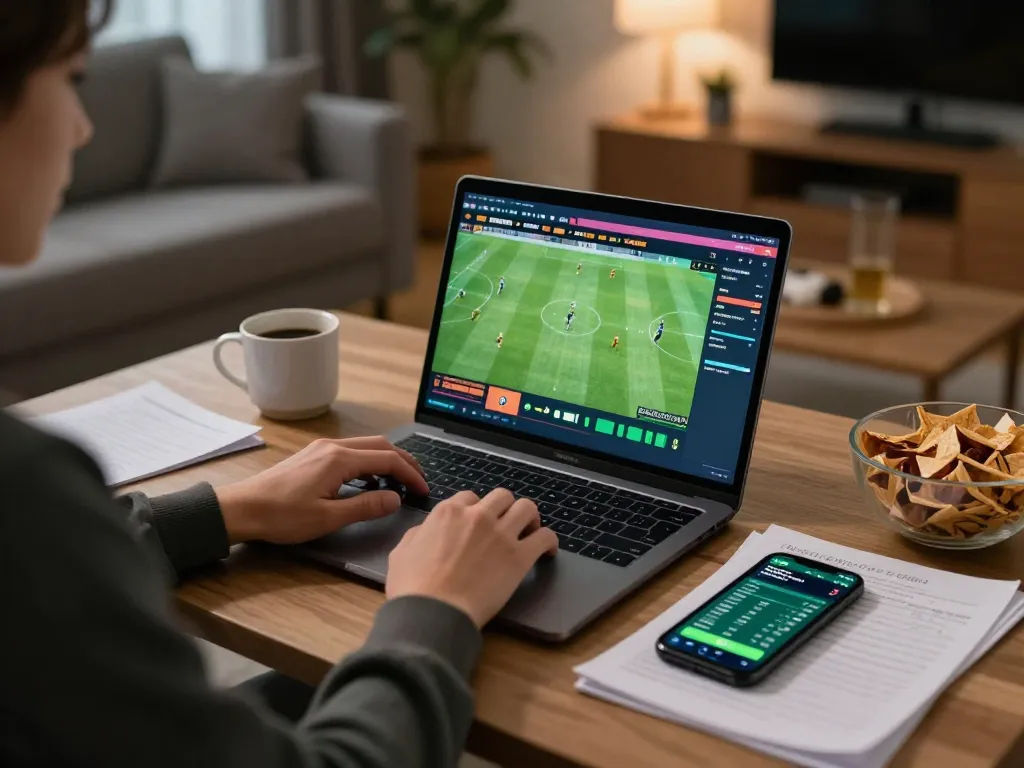 Tỷ lệ kèo nhà cái displayed on laptop screen while placing bets in a cozy home setting