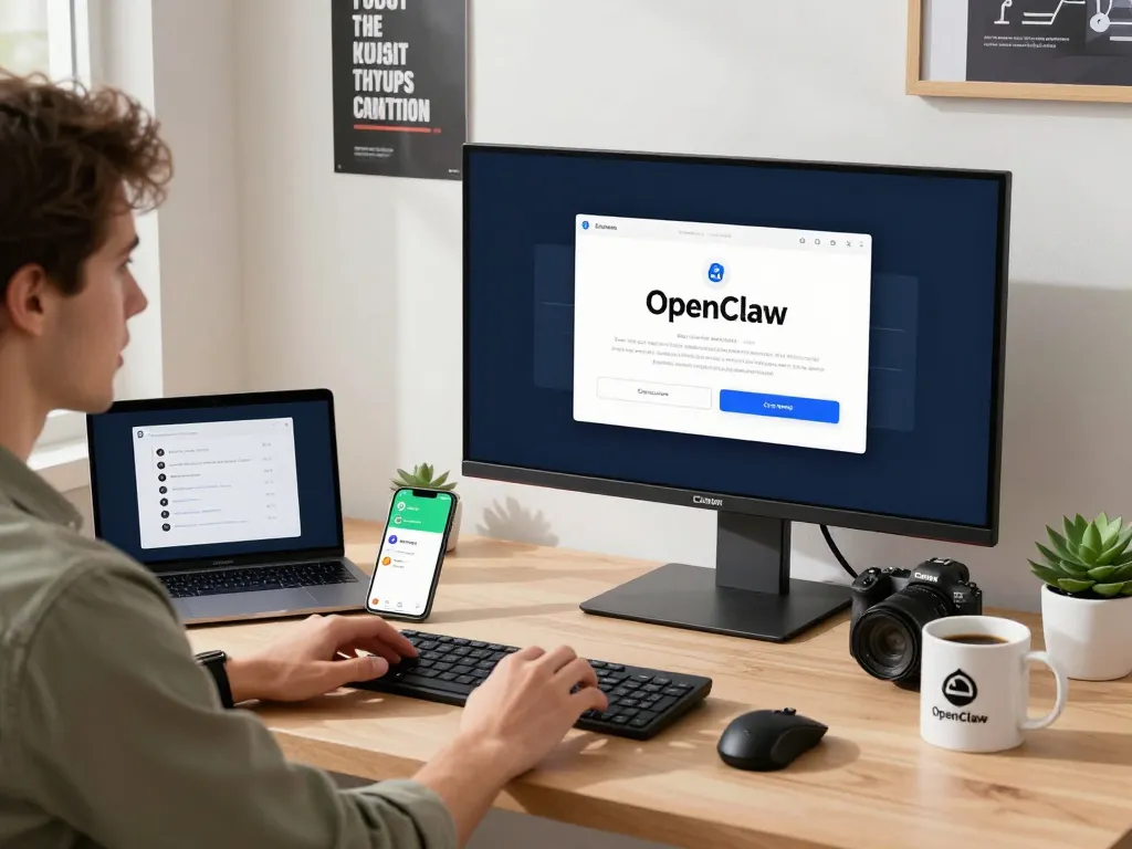 Engaged user interacting with OpenClaw personal AI assistant in modern workspace.