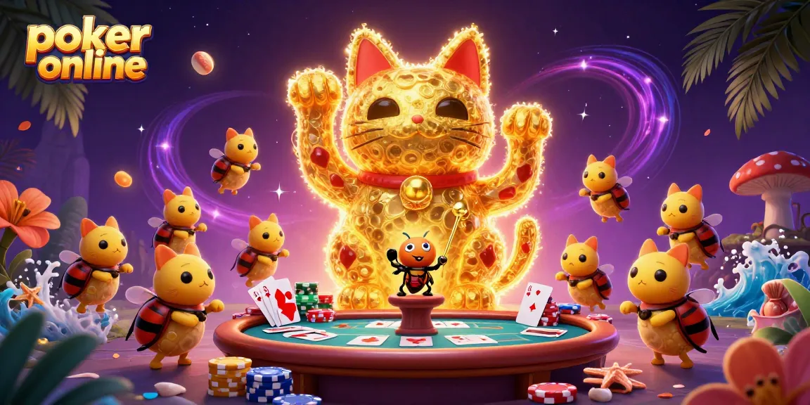 Experience poker online with dynamic 3D elements, showcasing vibrant poker symbols and engaging characters.