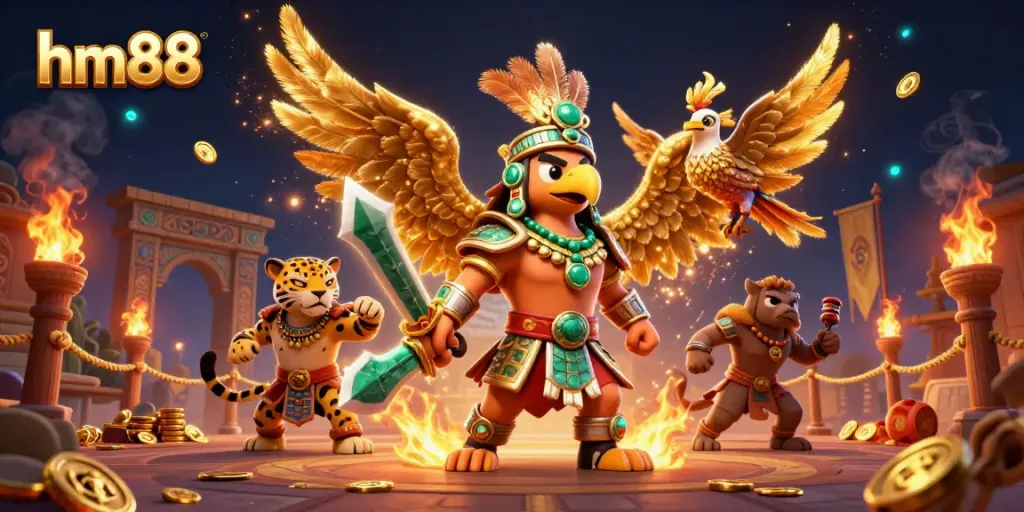 Experience the thrilling energy of hm88 with warriors and vibrant casino elements in 3D.