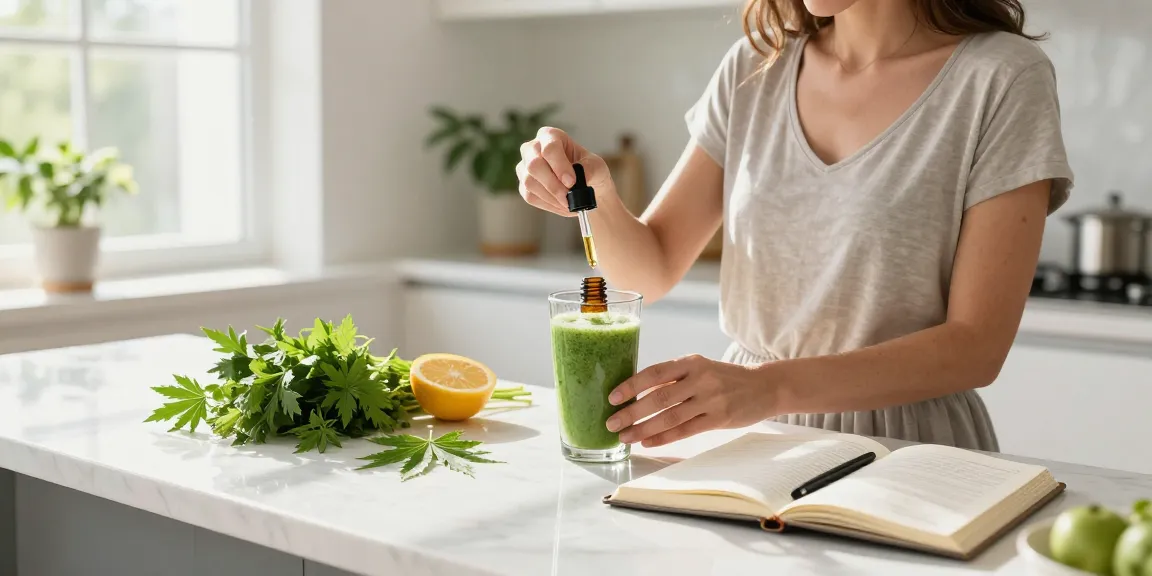 Muha Meds wellness routine with CBD oil tincture in a bright kitchen