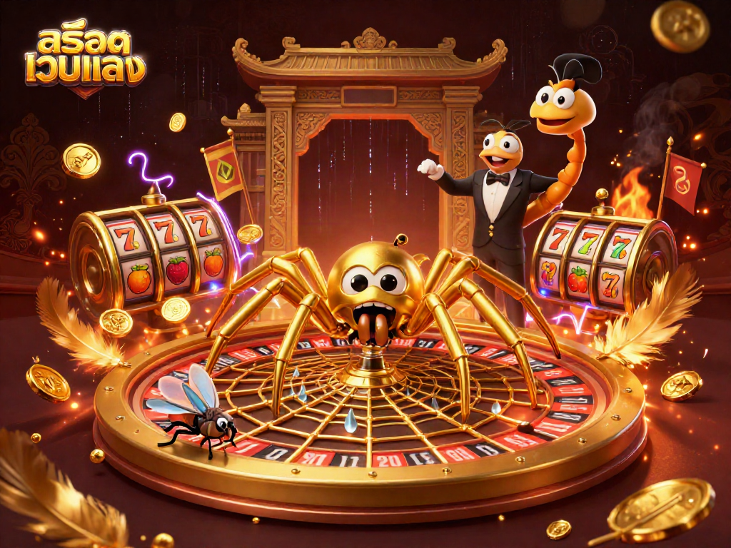 Bet on สล็อตเว็บตรง with a golden spider web roulette and vibrant gaming atmosphere.