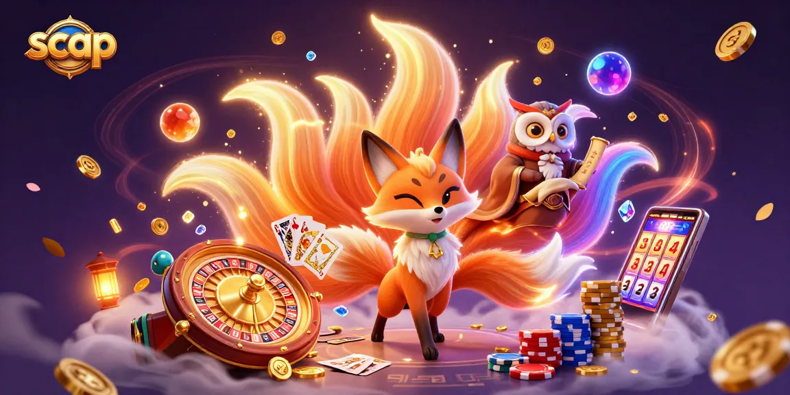 A vibrant 3D illustration of scap showcasing a nine-tailed fox, wise owl, and a dynamic casino scene filled with coins and game elements.
