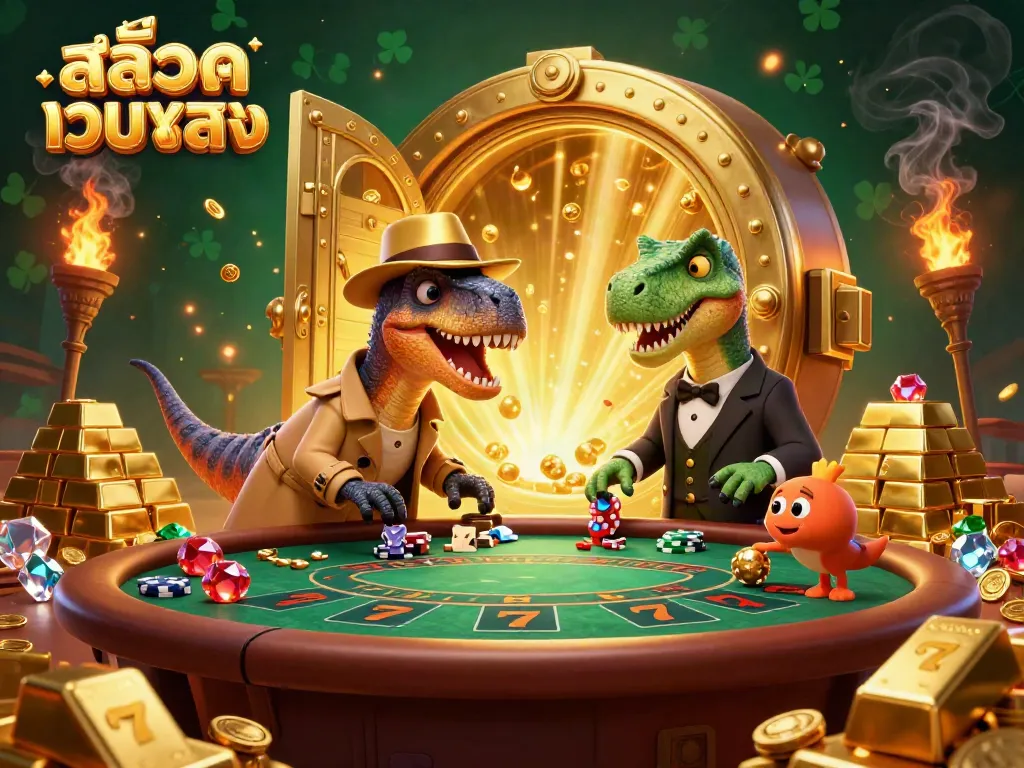 Experience the excitement of สล็อตเว็บตรง with a playful velociraptor at a bustling slot machine, rich in detail.