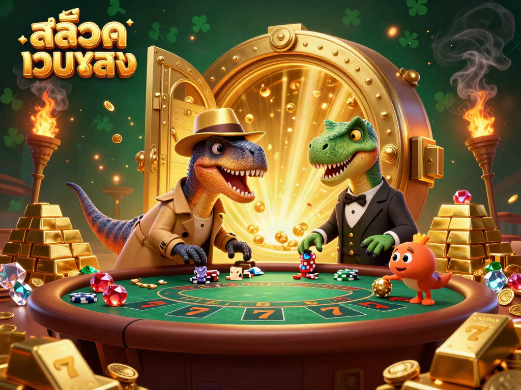 Experience the excitement of สล็อตเว็บตรง with a playful velociraptor at a bustling slot machine, rich in detail.