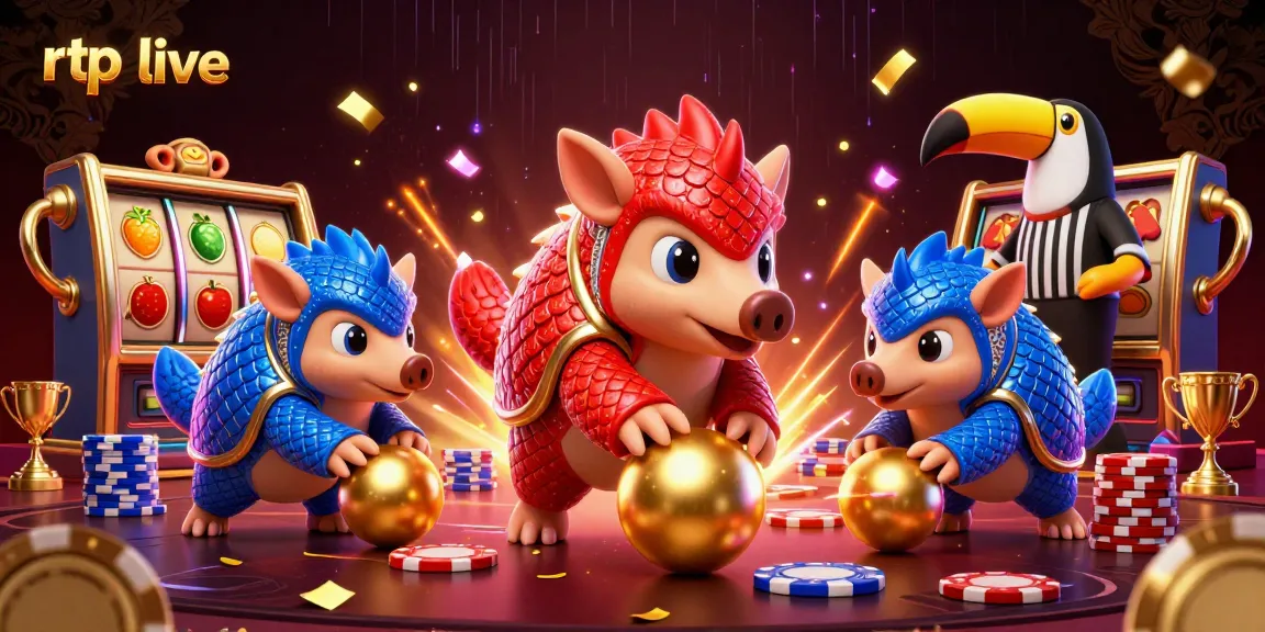Experience rtp live action with pangolins battling amidst vibrant slot reels and trophies.