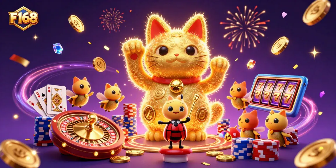 Win at F168 with exciting casino games illustrated by a giant lucky cat and golden fireflies.