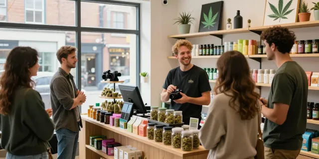 Welcoming weed shop Wolverhampton with diverse customers exploring cannabis products.