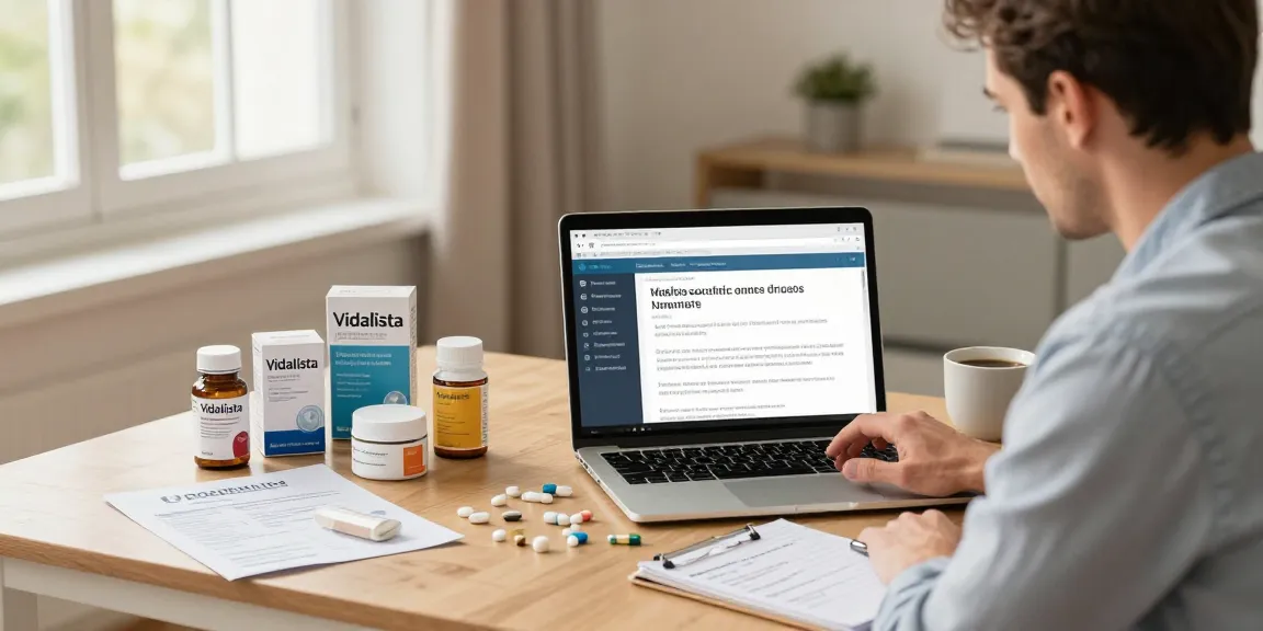 Man exploring Vidalista online in a modern home office, showcasing health products.