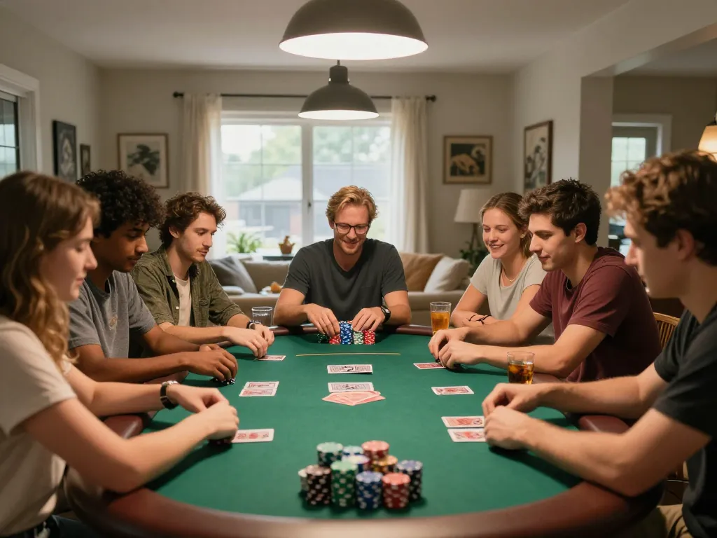 Players enjoying poker game at home in cozy atmosphere, showcasing fly88 excitement and strategy.