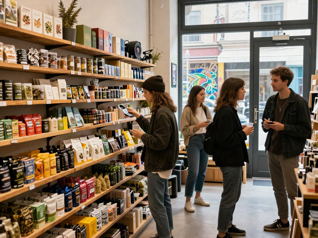 Milan Weed shopping experience in a vibrant dispensary with colorful displays.