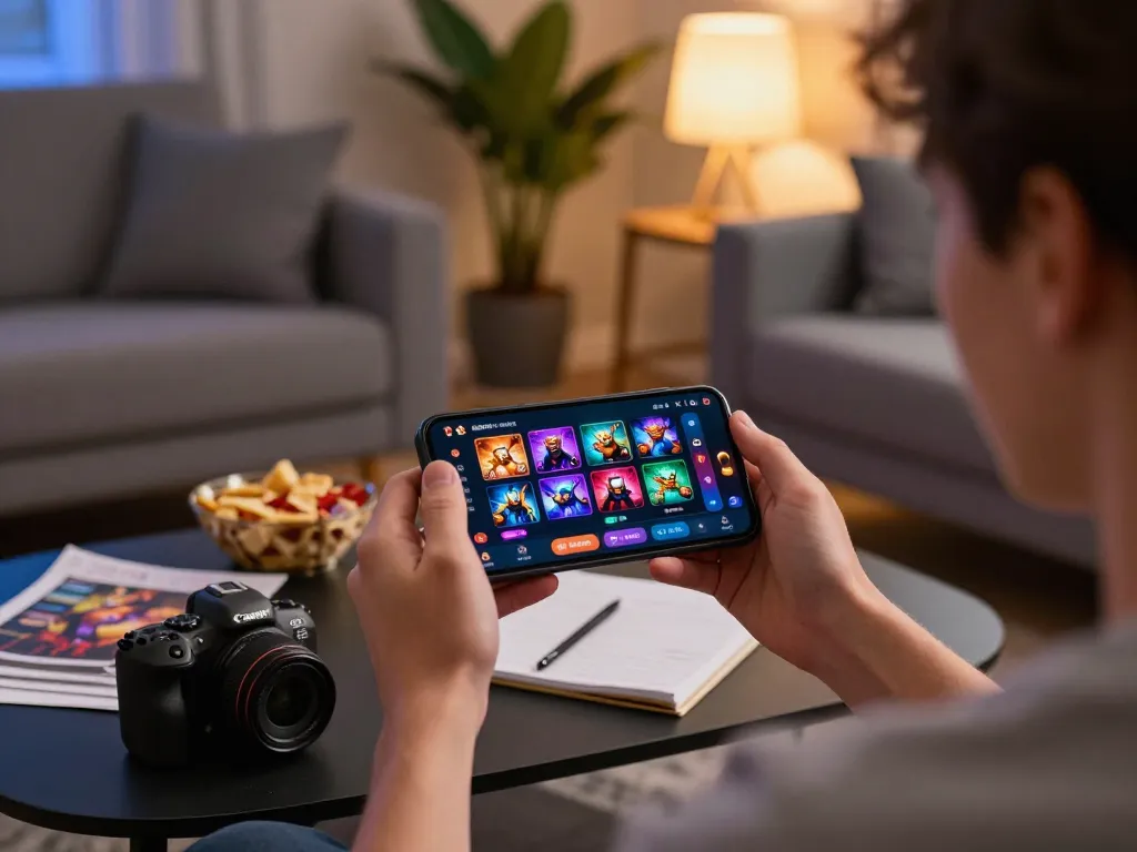 Player enjoying the HB88 casino app on a smartphone at home, showcasing a vibrant online gaming experience.