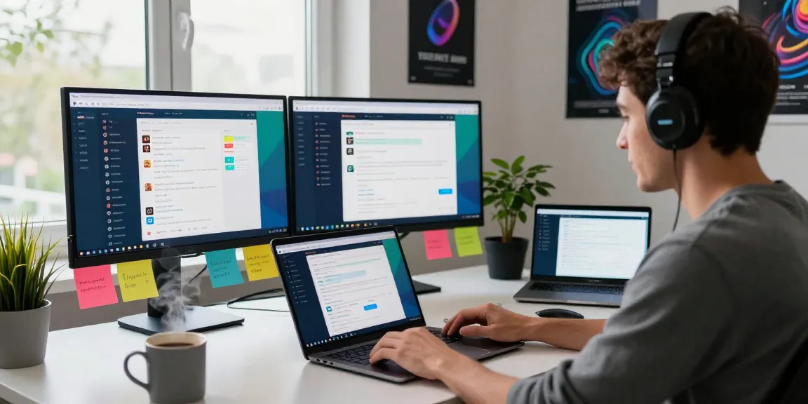 Young professional using Telegram Web Version in a modern workspace with vibrant chats and tech decor.
