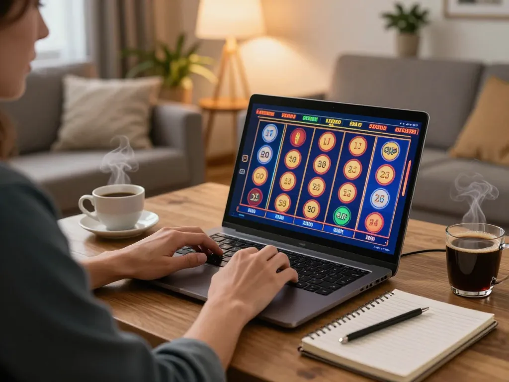 The player engages with online slots at https://7hh.games/, showcasing excitement and home comfort.