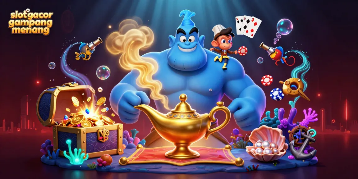 Slot gacor gampang menang menyajikan ilustrasi kasino dengan lampu jin, koin emas, dan kartu permainan.