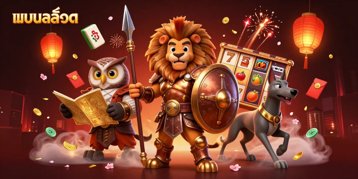 Engaging illustration showcasing แบบสล็อต with slot reels and characters celebrating a big win.