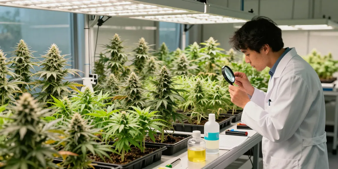 Autoflower cannabis seeds growing in a controlled indoor environment with grower inspecting plants.