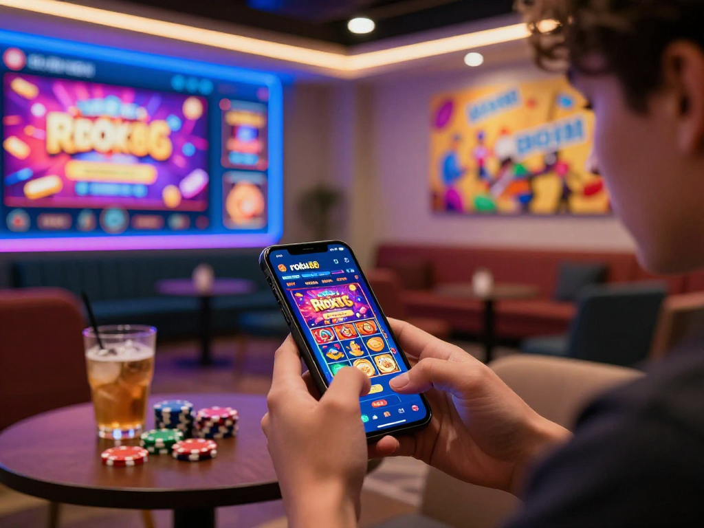 Experience the excitement of rokok88 with a user engaging on a mobile gaming app in a vibrant atmosphere.