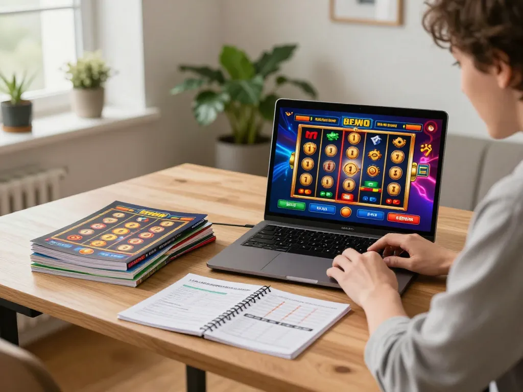 Engaging in a slot bet kecil on a laptop with vibrant animated reels and personal betting notes