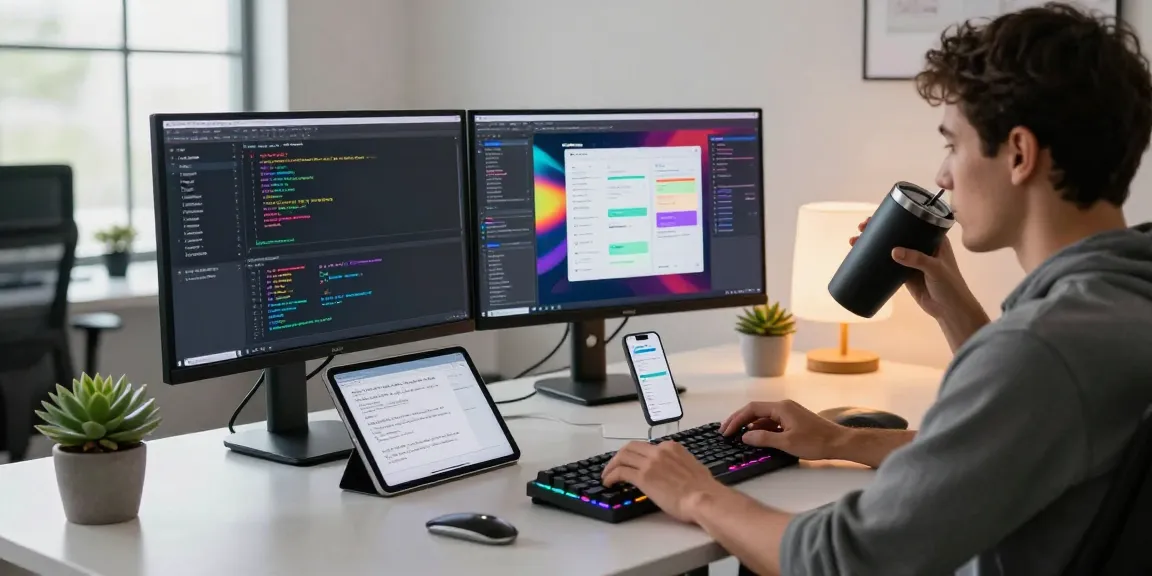 Efficient workspace featuring a developer using 截图工具 on dual monitors with vibrant code and UI prototypes in a modern office.
