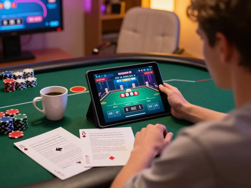 Engaging in poker gameplay with depo 25 bonus 25 on a tablet, showcasing strategy and betting excitement.