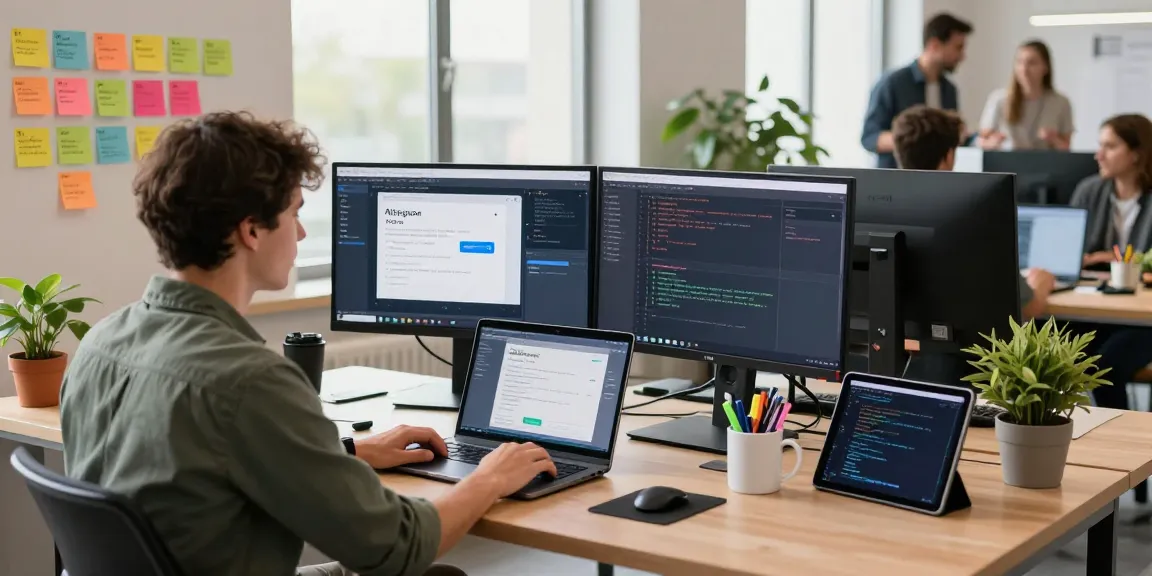 Engaging workspace with developer coding Telegram integration, showcasing a collaborative tech environment, expertise in software innovation.