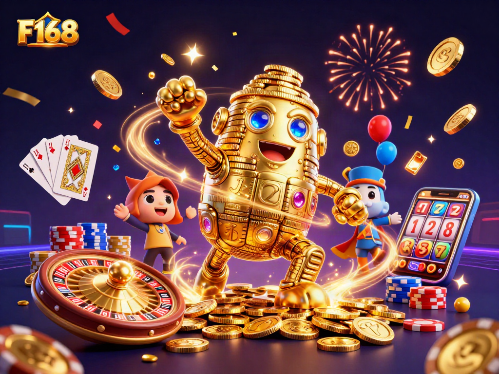 Engage with the F168 online casino featuring a captivating golden golem and dynamic gameplay elements.