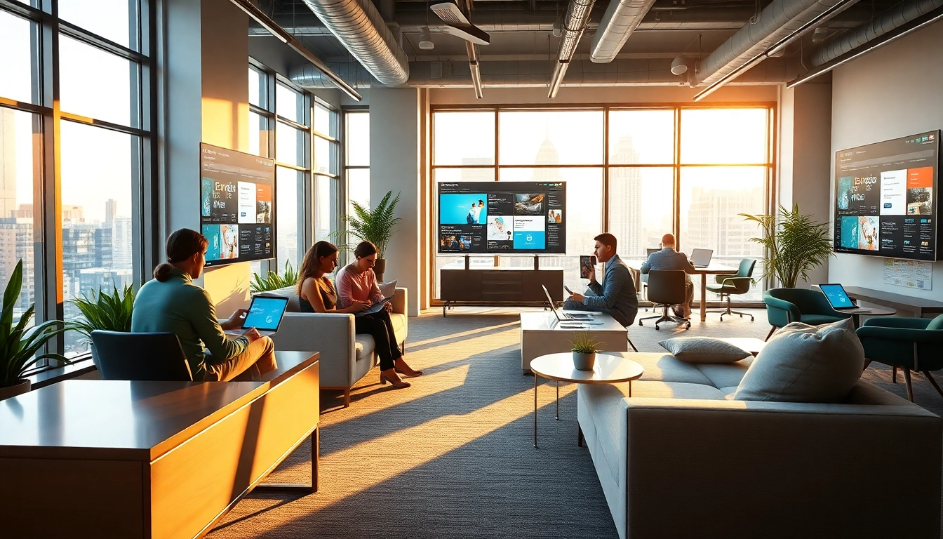 Dynamic office scene showcasing website redesign NYC with professionals collaborating on digital marketing projects.