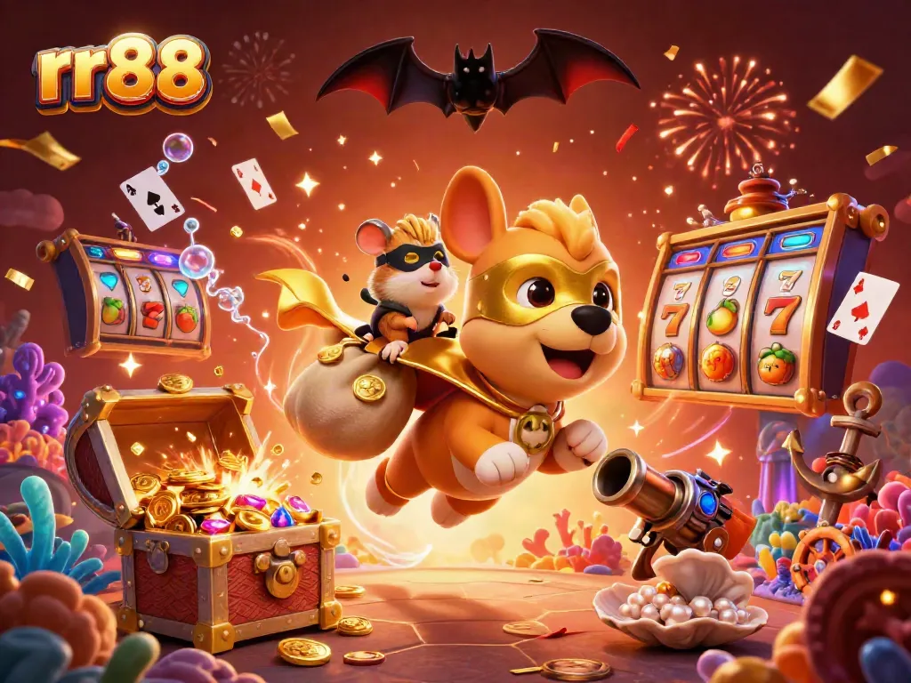 Win big with rr88: A superhero dog and sidekick amidst brightly lit casino elements.