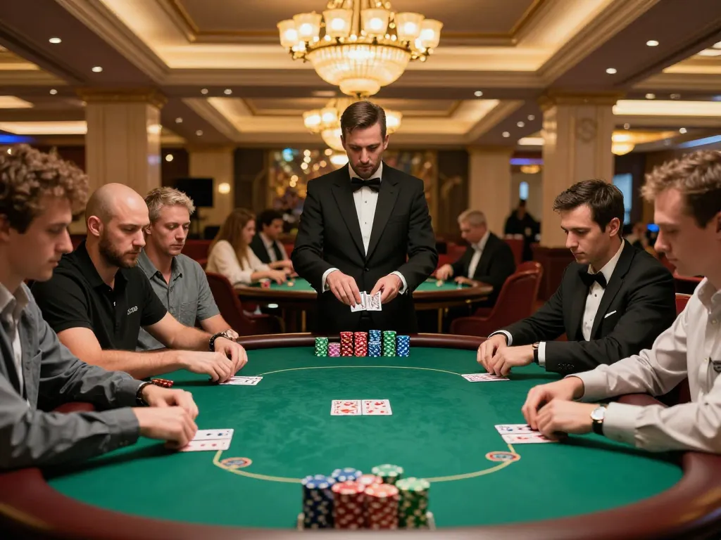 77WIN players engage in a high-stakes poker game amid a luxurious casino ambience.