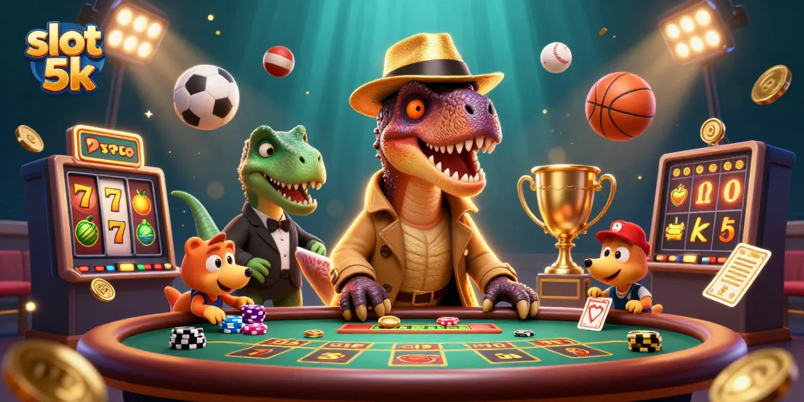 Experience the excitement of slot 5k with a lively scene featuring a velociraptor card counter and casino action.