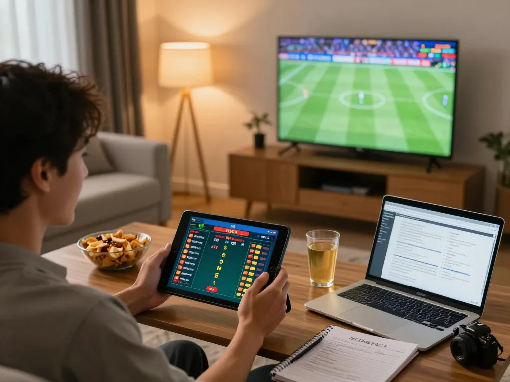 Tỷ lệ kèo nhà cái hôm nay shown as a person places online sports bets with excitement in a cozy setting.