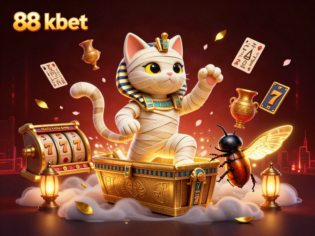 Experience thrilling gameplay with 88 kbet in a dynamic casino scene featuring a mummy cat and lucky symbols.