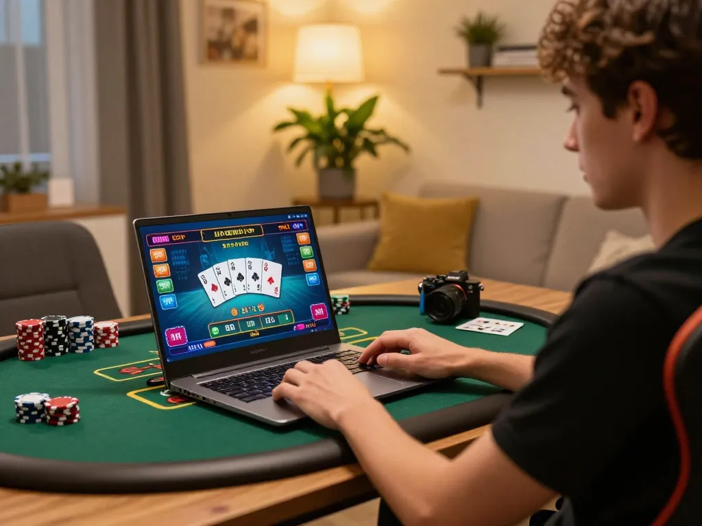 S8 player enjoying an online poker game on laptop, showcasing responsible gaming at home.
