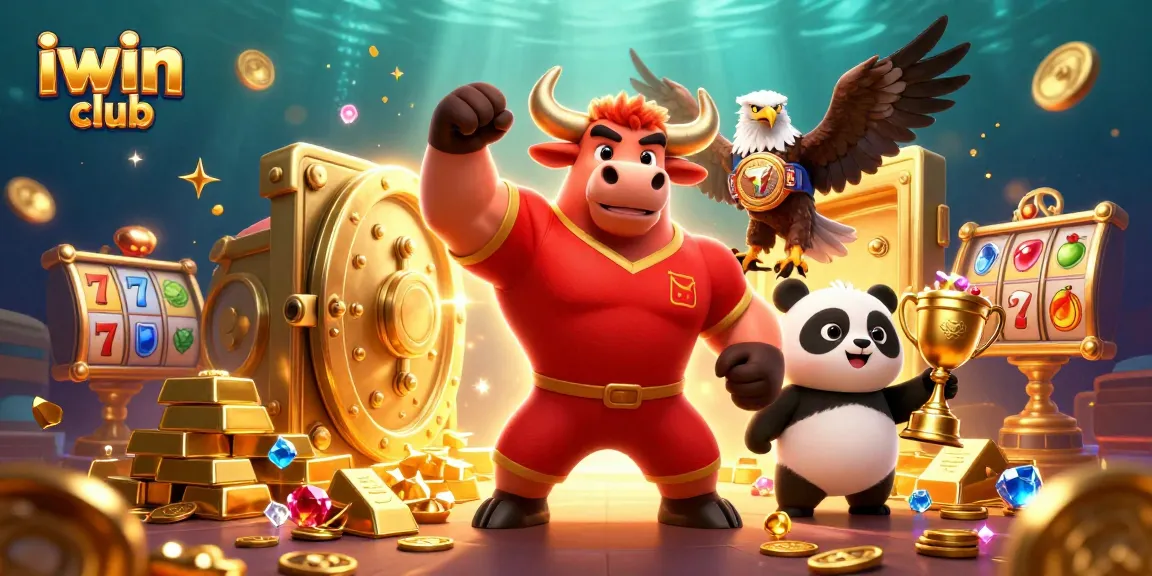Join the excitement at iwin club with a dynamic casino scene featuring vibrant characters and treasures.