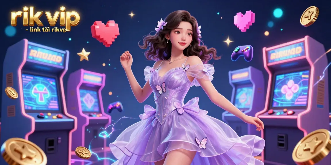 Immerse yourself in rik vip - link tải rikvip with vibrant 3D illustration showcasing Asian woman amidst arcade games and casino elements.