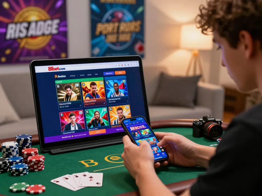 Engaging user exploring betting options on https://8kbetcom.club/ in a vibrant home setting.