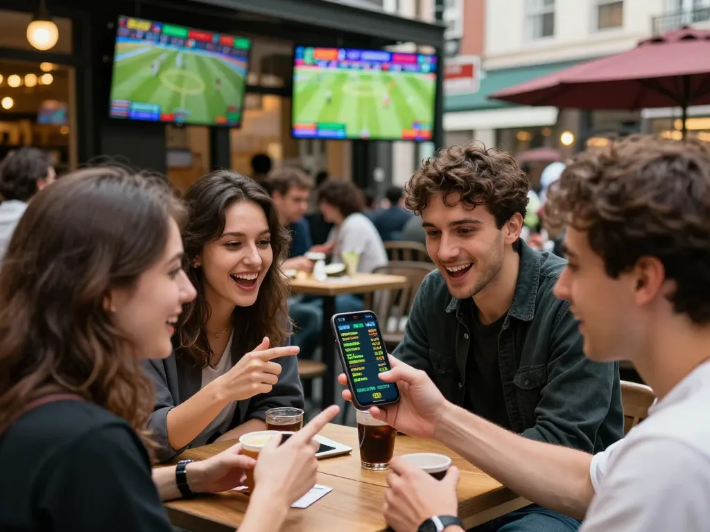 Friends strategizing kèo nhà cái while watching live sports updates on a smartphone during an outdoor event