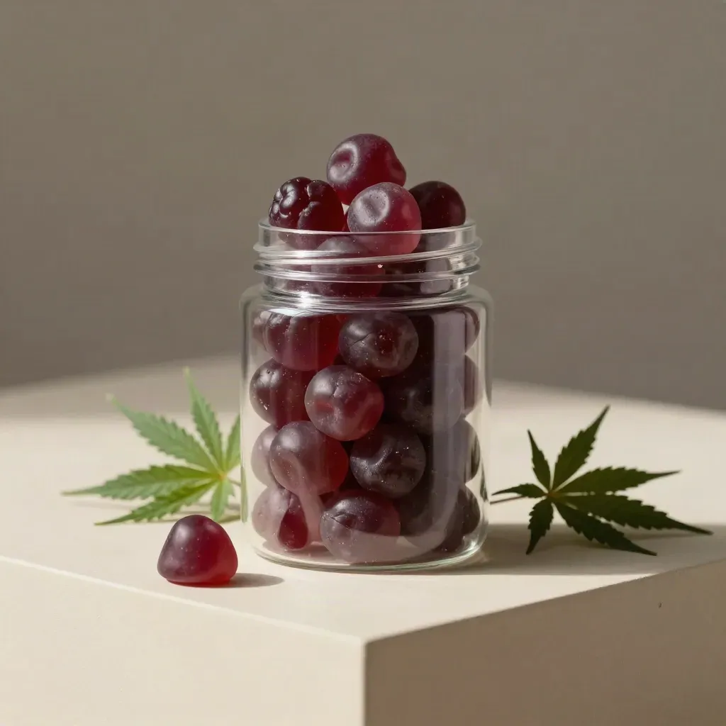 Clear jar of sleep gummies with berry chews, cream plinth, and a soft forest-green sprig.