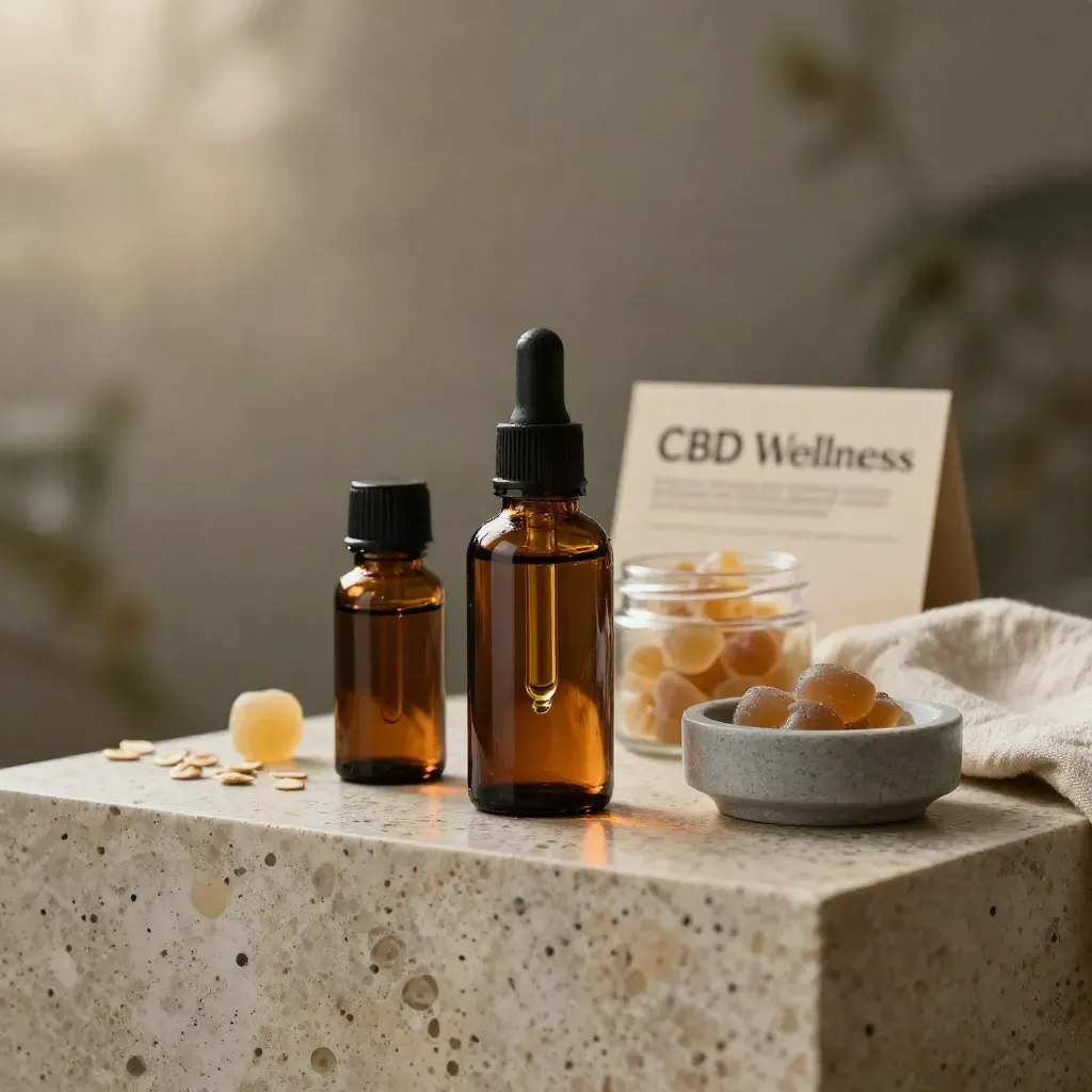 Amber CBD tincture bottle with dropper, capsule bottle, gummy jar and cream linen on pale stone.