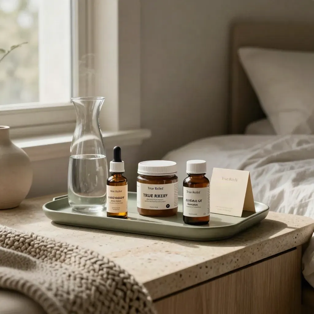 CBD tincture, gummies and capsules beside a water carafe on a sage bedside tray in soft morning light