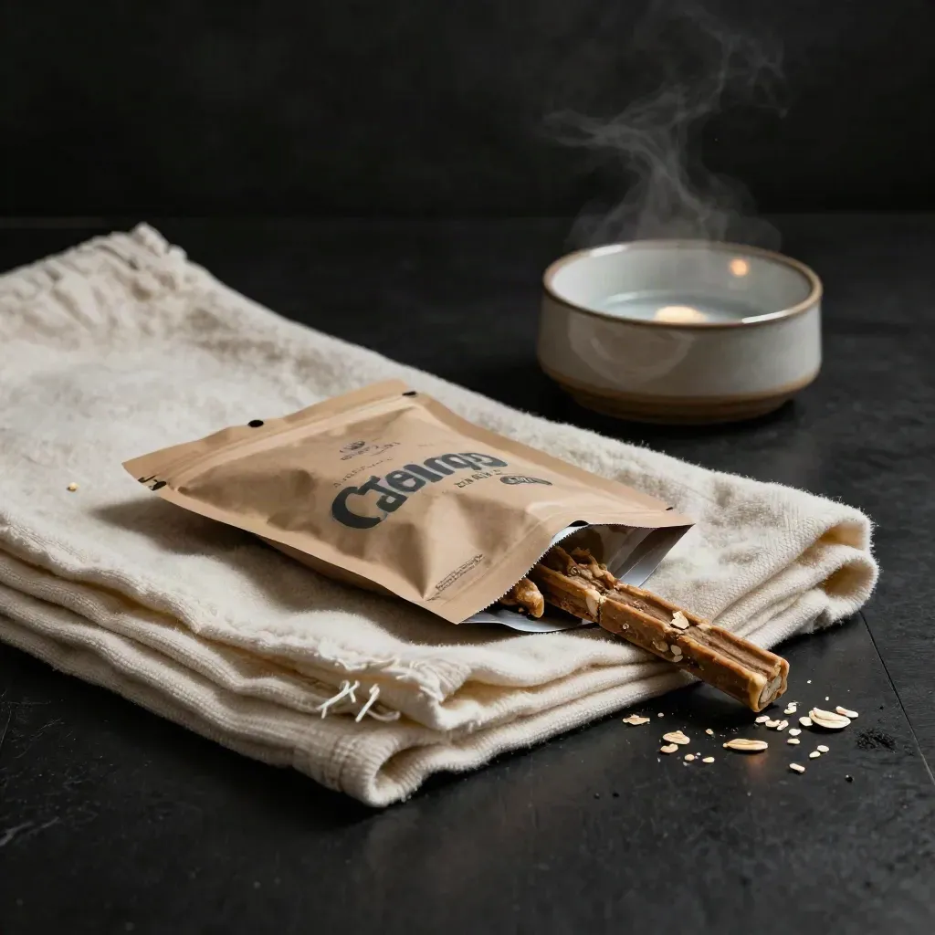 Kraft pouch of pet calm chews beside a ceramic bowl on a canvas blanket, dramatic studio light.