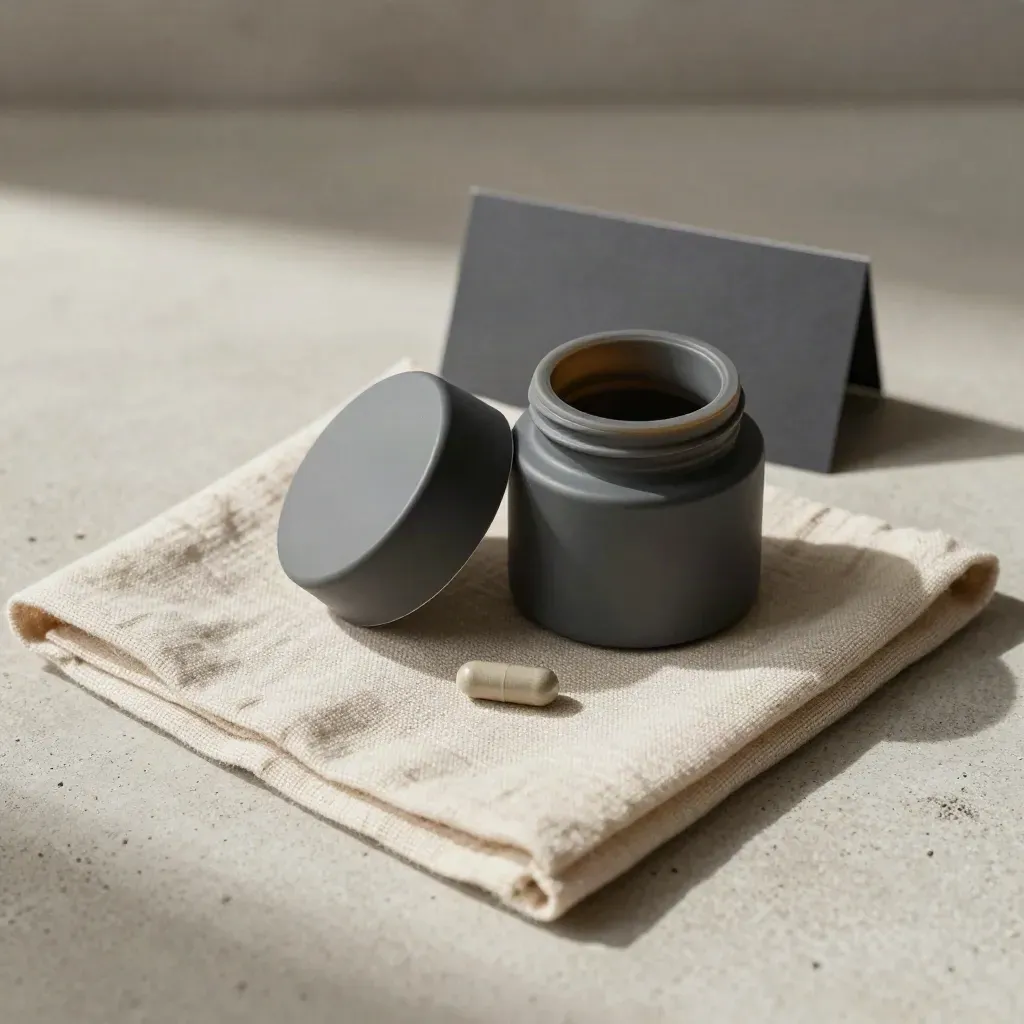 Overhead flatlay of a night capsules jar, capsule on linen, ceramic cap, on pale concrete.